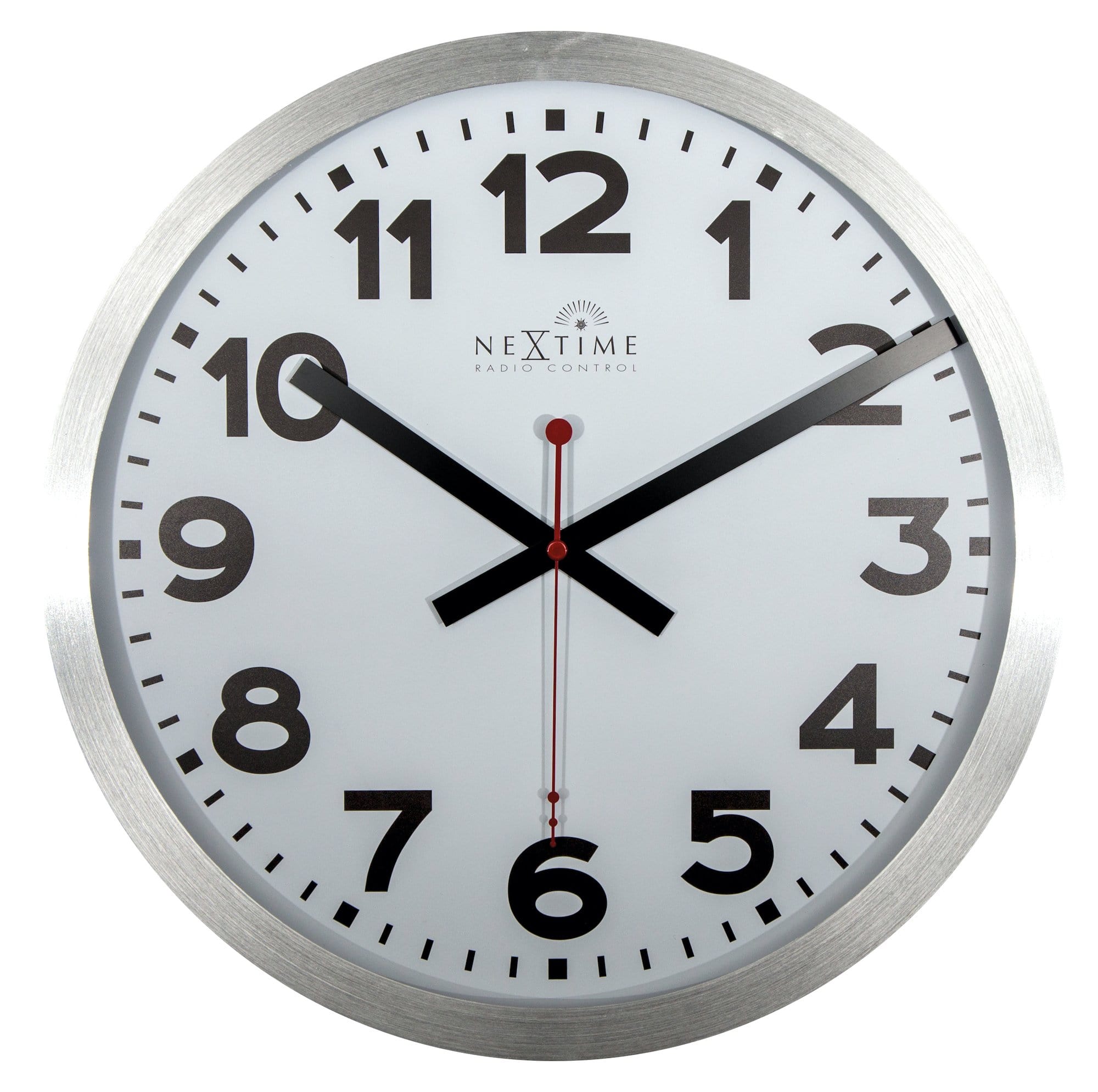 NeXtime Clocks wall clock with 35 cm aluminum frame, radio-controlled station design and DCF numbers, front view.